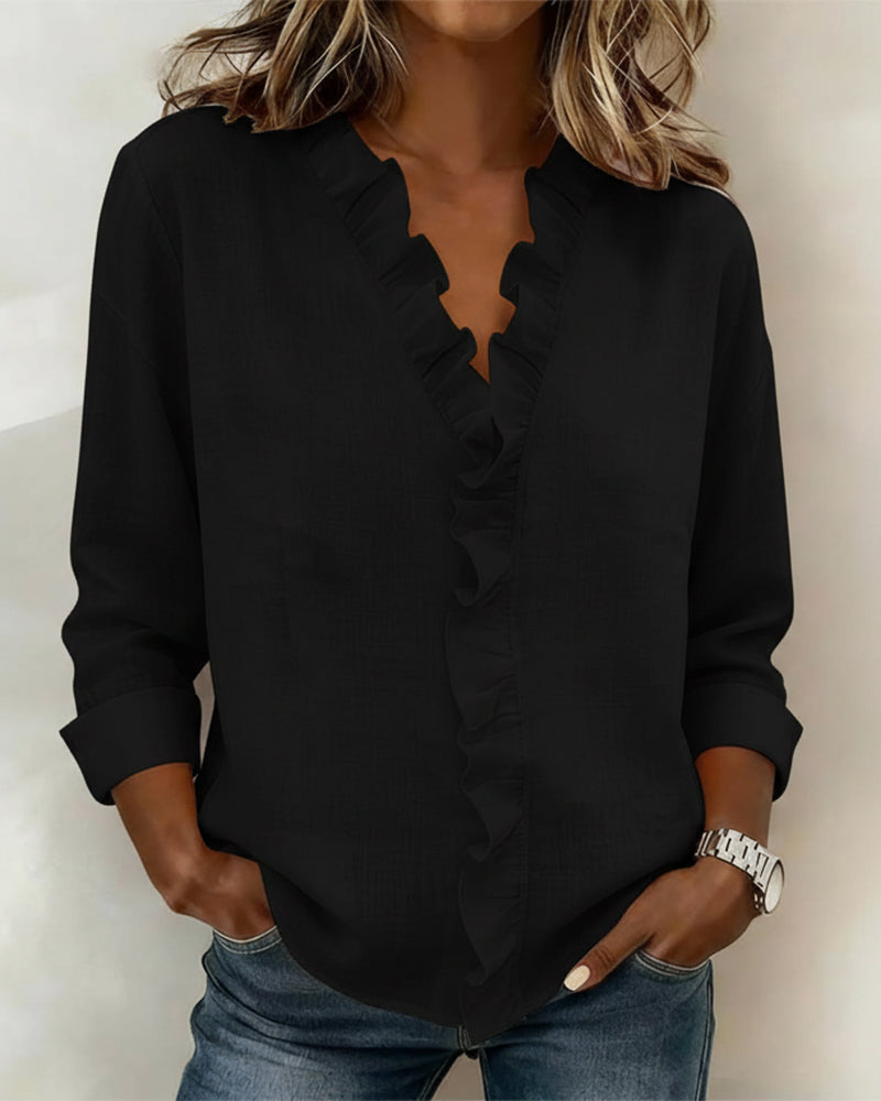 Blusa con volantes, escote en V y manga larga