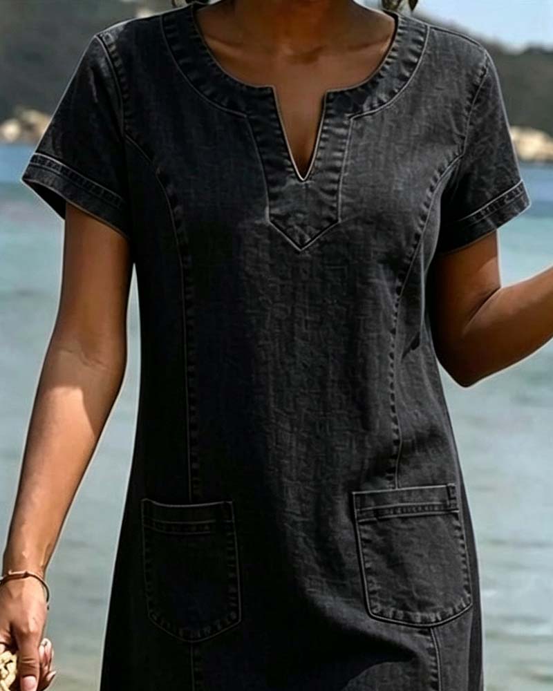 Vestido vaquero casual con bolsillo y escote en V pequeño
