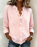 Blusa con volantes, escote en V y manga larga