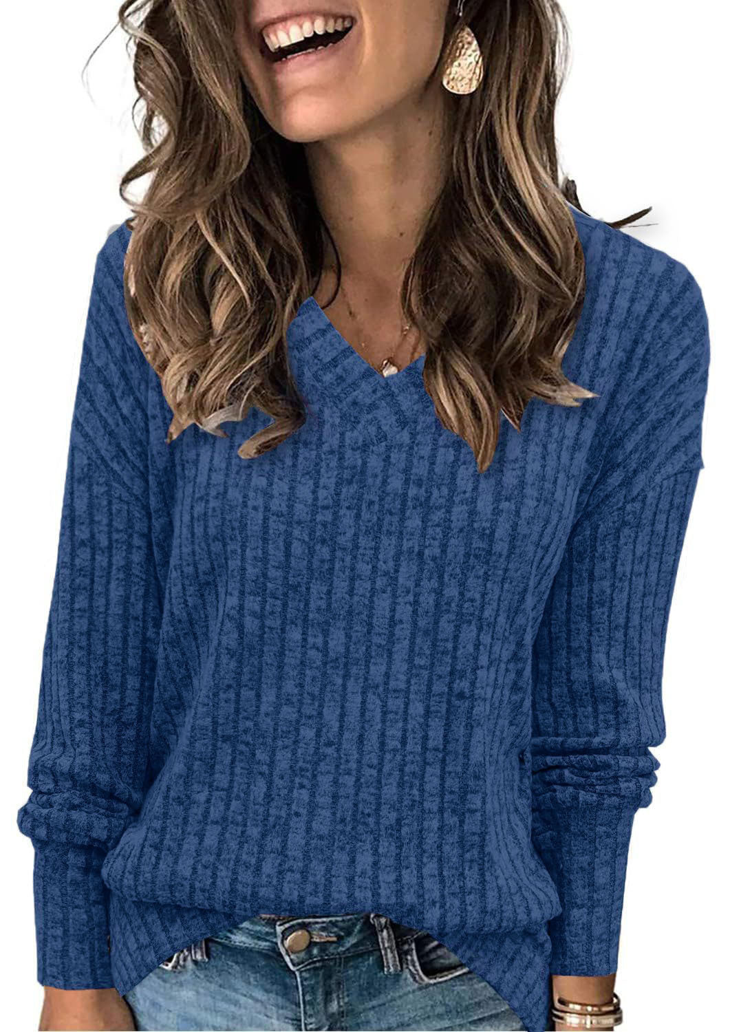Jersey de mujer con cuello en V y manga larga en color liso