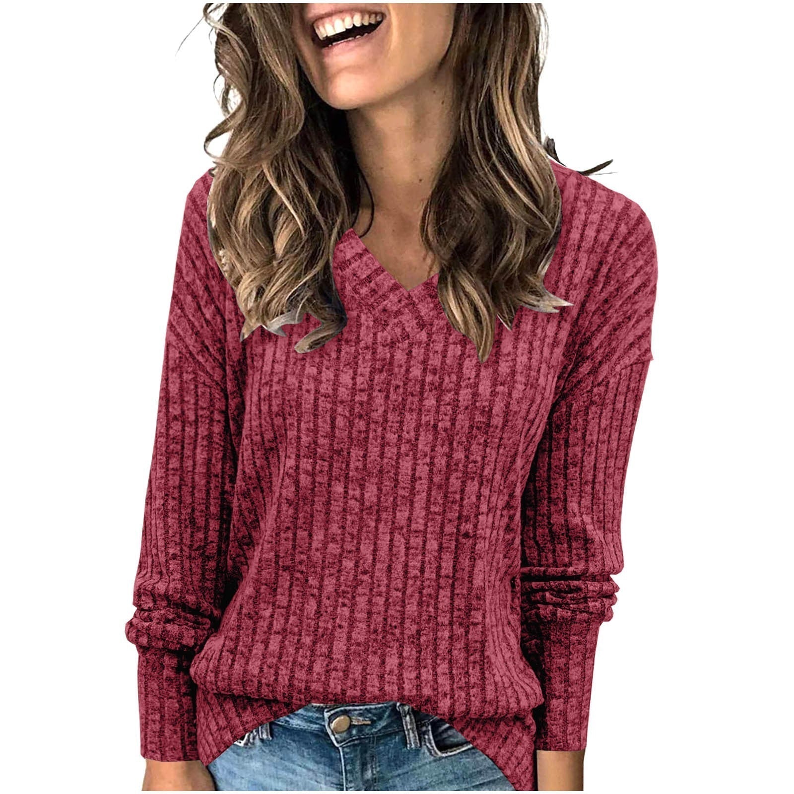 Jersey de mujer con cuello en V y manga larga en color liso