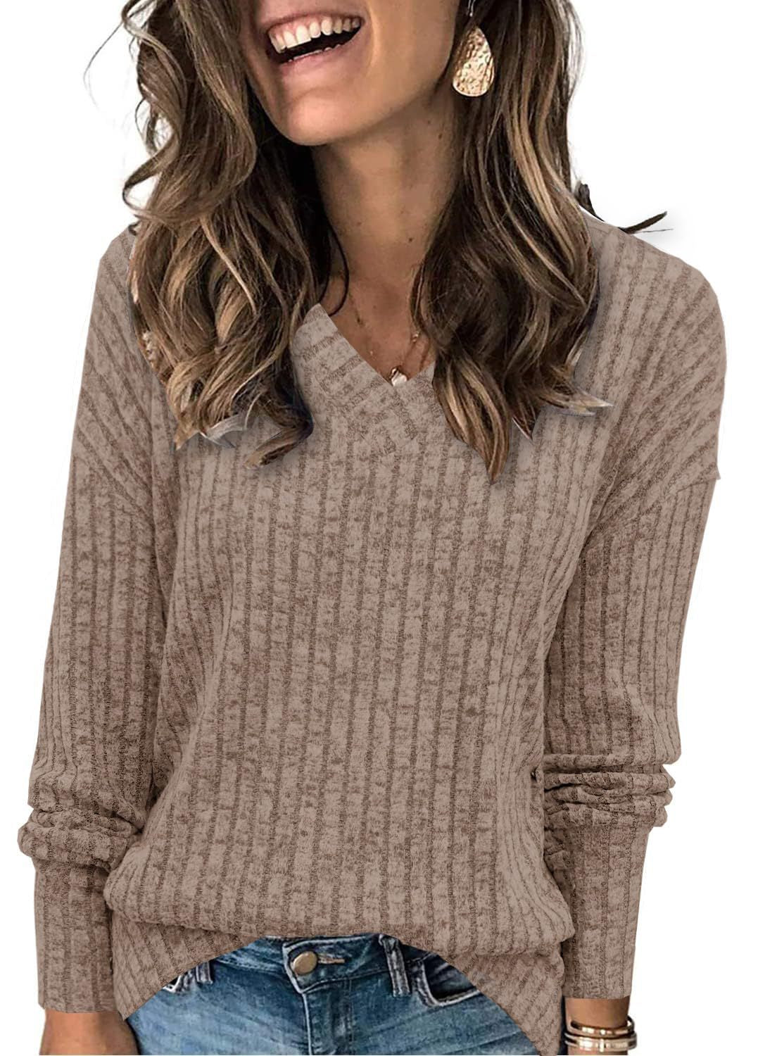 Jersey de mujer con cuello en V y manga larga en color liso