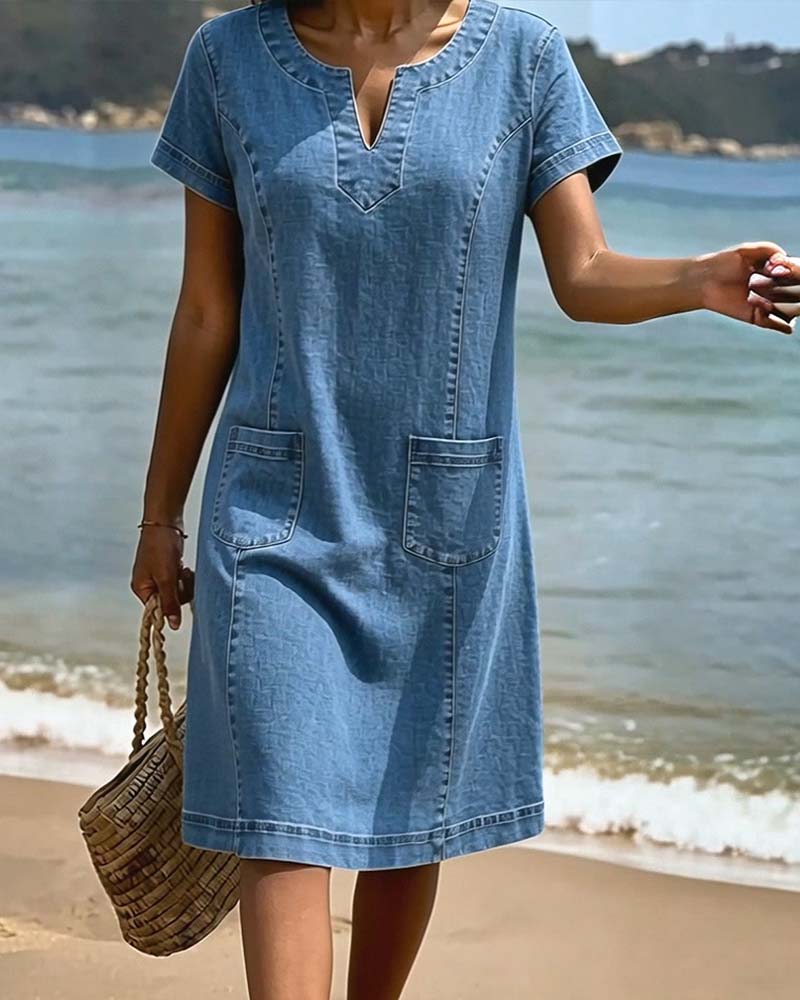 Vestido vaquero casual con bolsillo y escote en V pequeño
