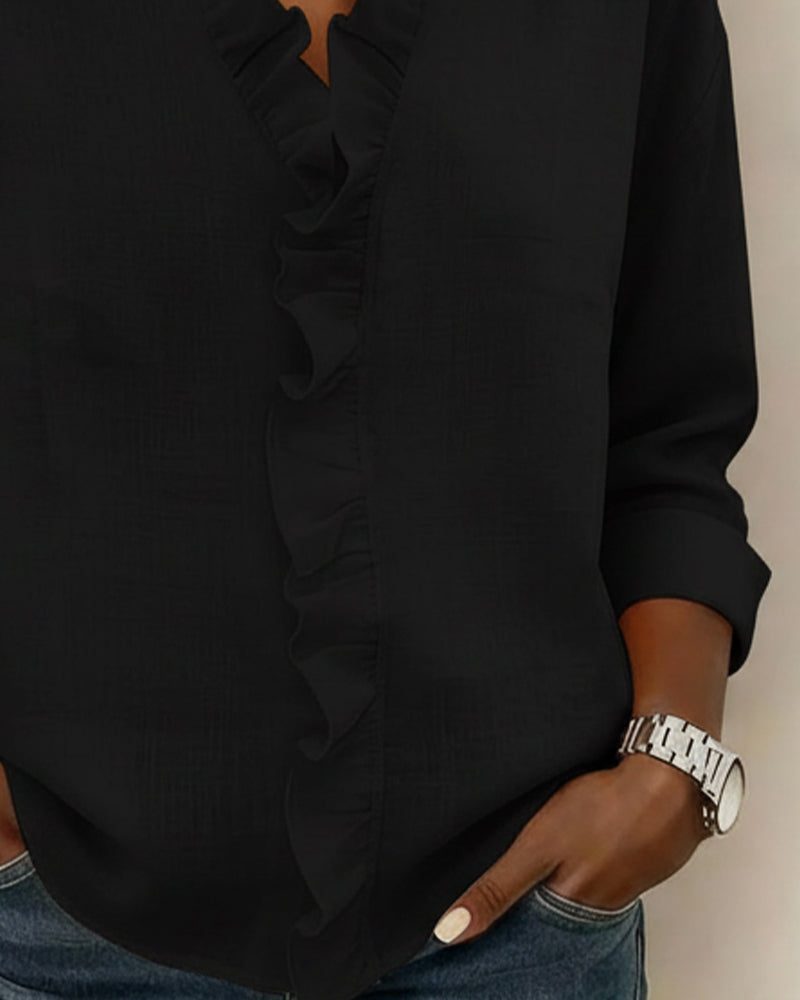 Blusa con volantes, escote en V y manga larga