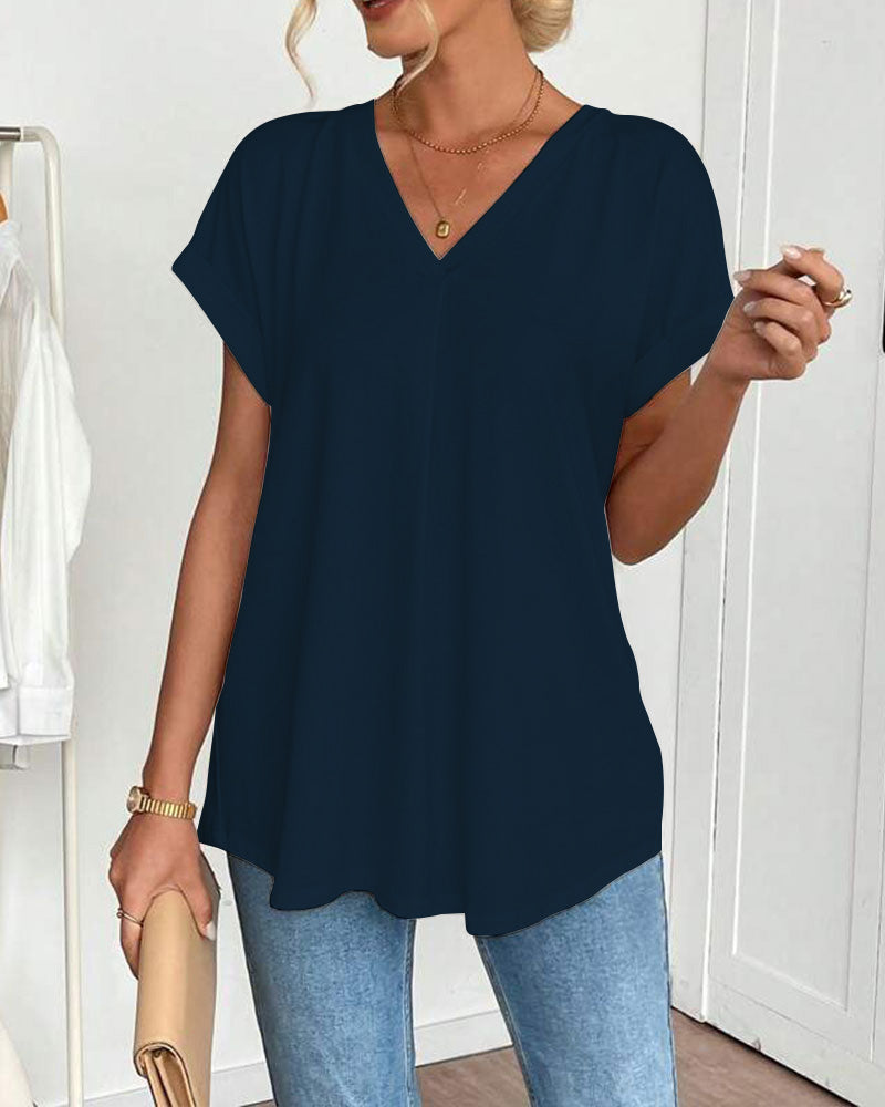Camiseta de manga corta, color sólido, patchwork