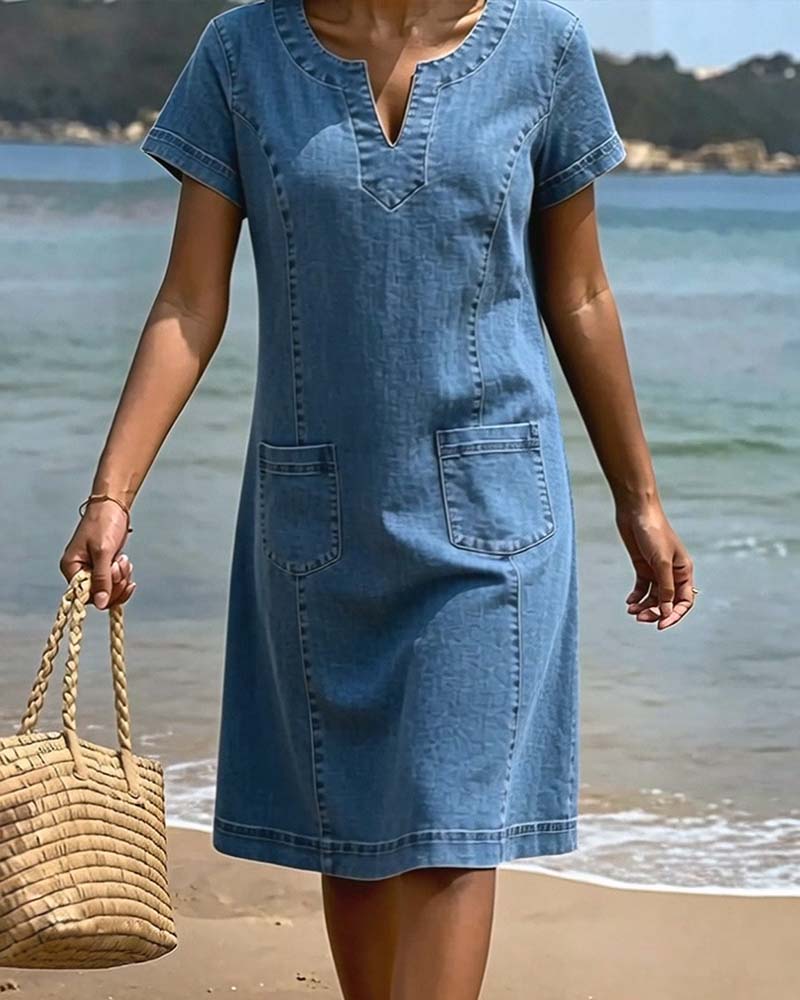 Vestido vaquero casual con bolsillo y escote en V pequeño