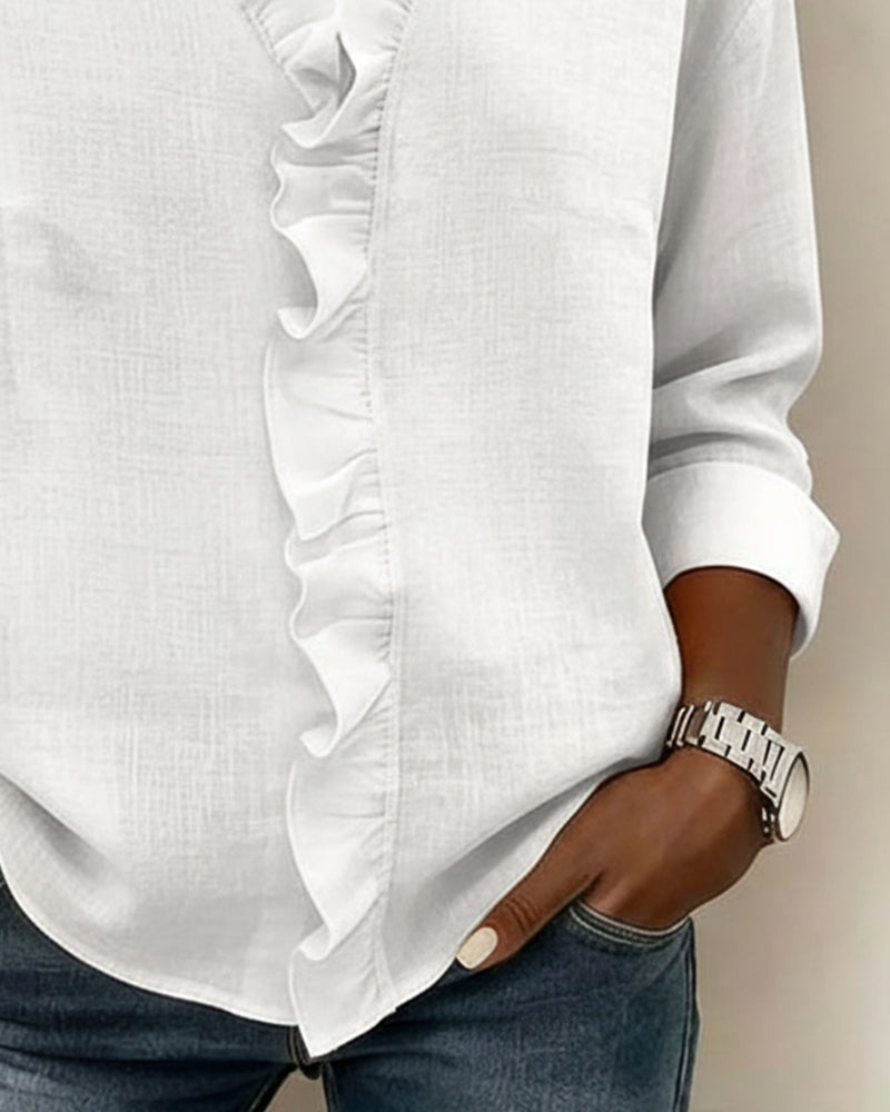 Blusa con volantes, escote en V y manga larga