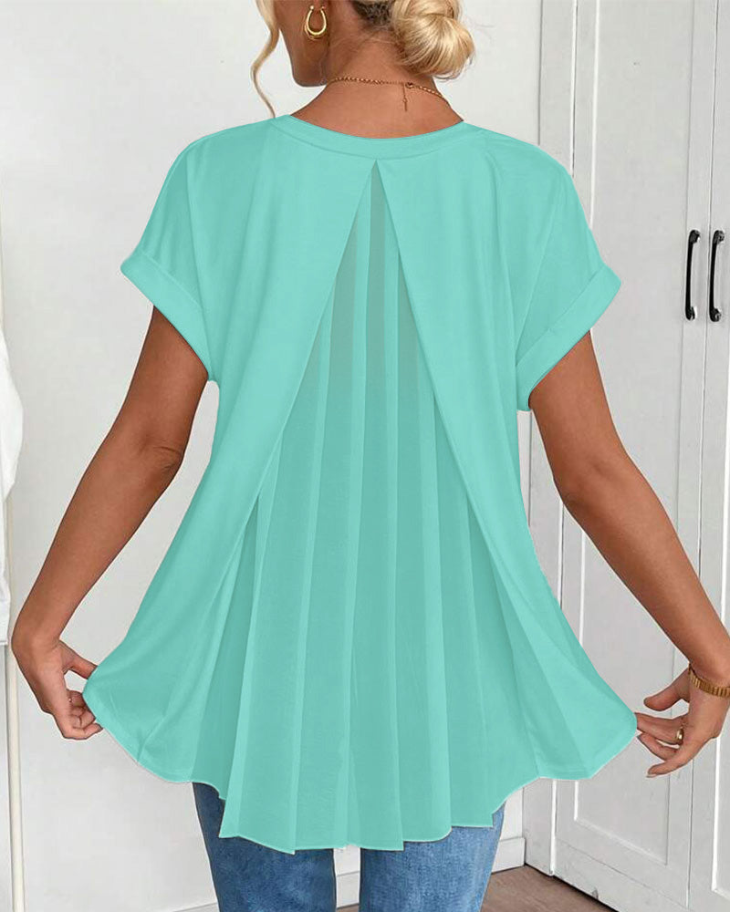 Camiseta de manga corta, color sólido, patchwork