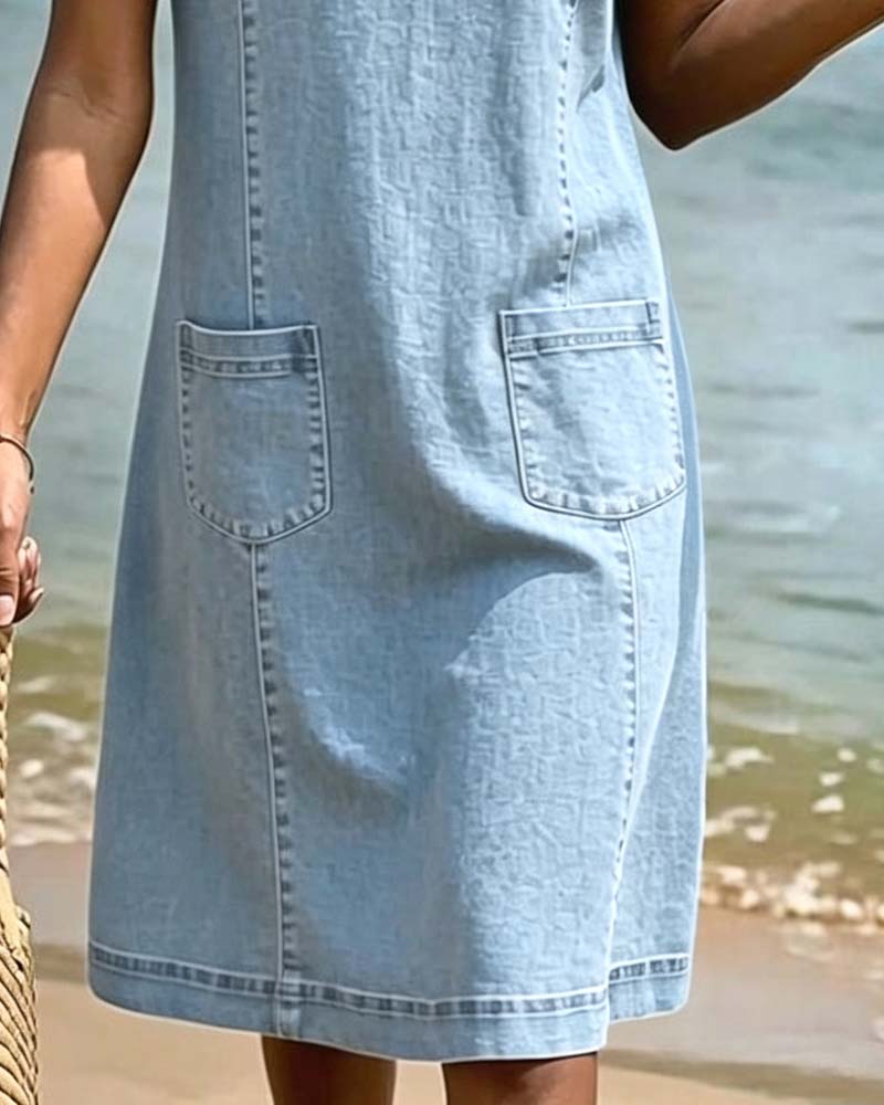 Vestido vaquero casual con bolsillo y escote en V pequeño