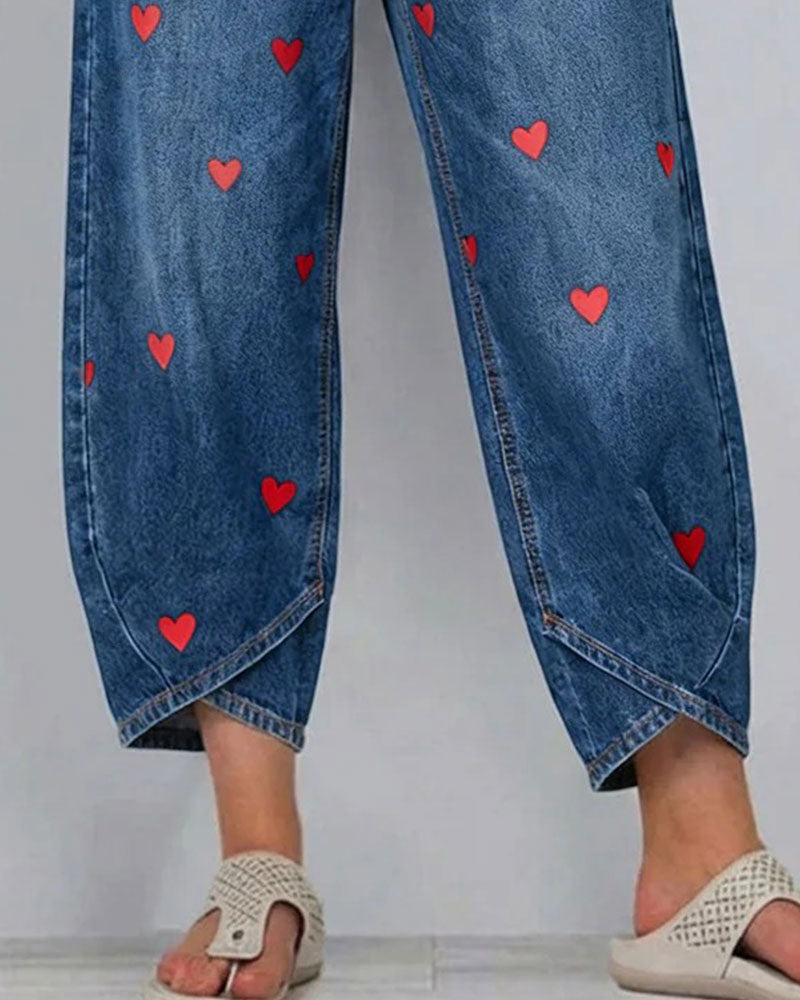 Pantalón denim con estampado de corazones, largo al tobillo