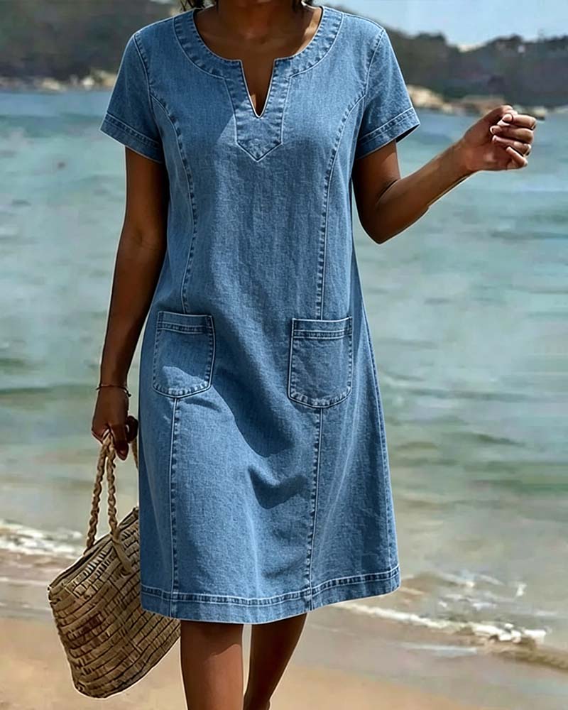 Vestido vaquero casual con bolsillo y escote en V pequeño