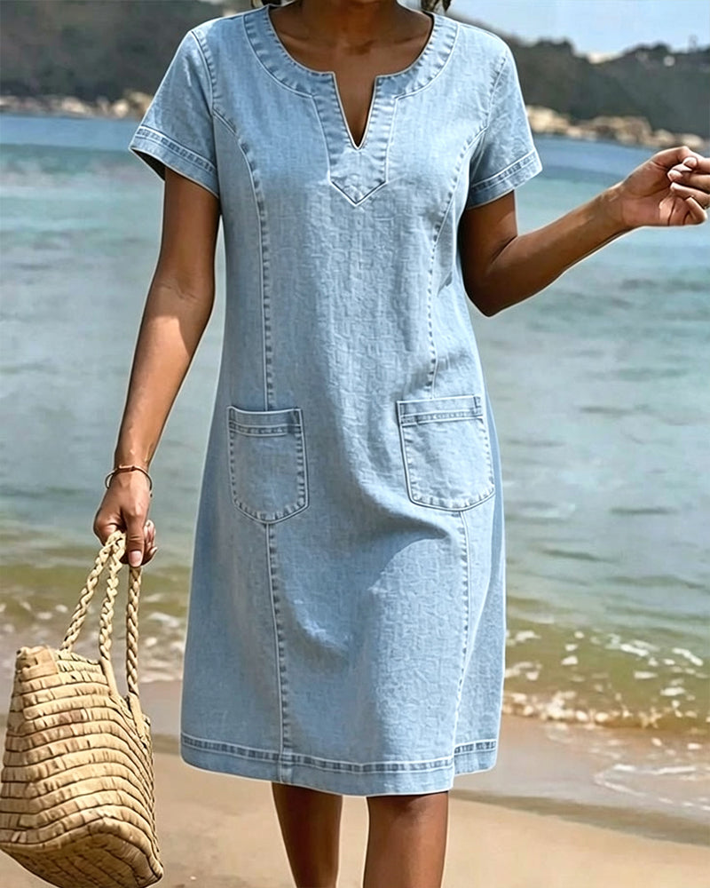 Vestido vaquero casual con bolsillo y escote en V pequeño