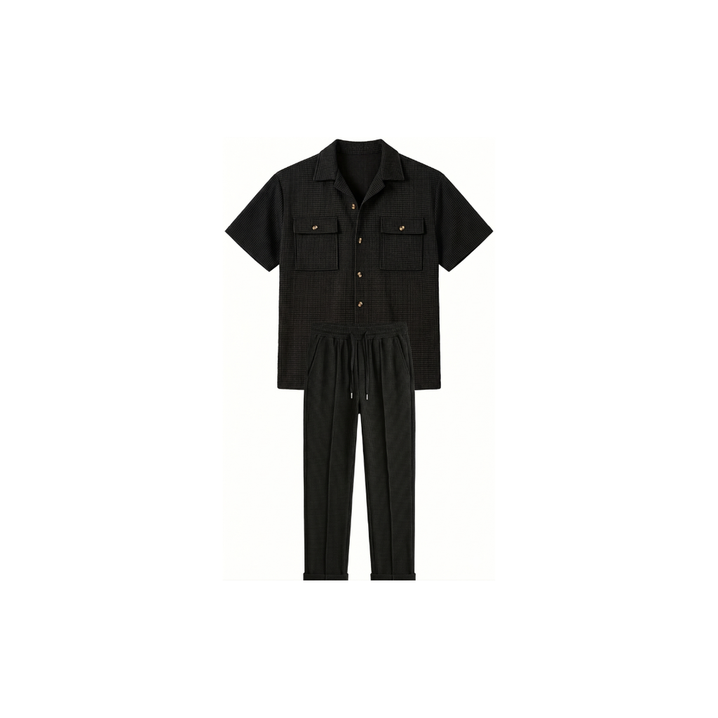Ropa de hombre, color liso, estilo casual, algodón y lino, conjunto de dos piezas