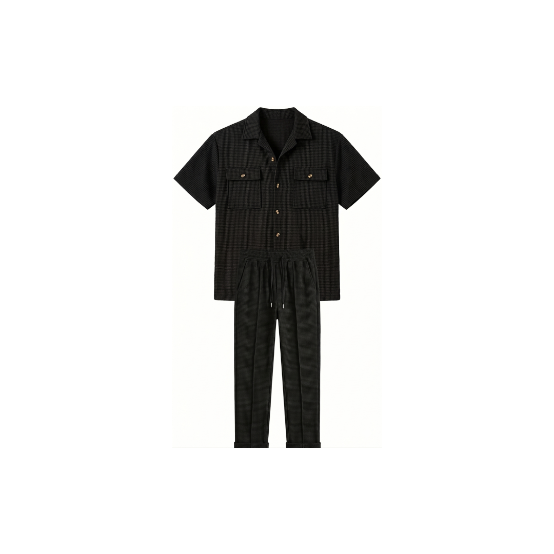 Ropa de hombre, color liso, estilo casual, algodón y lino, conjunto de dos piezas