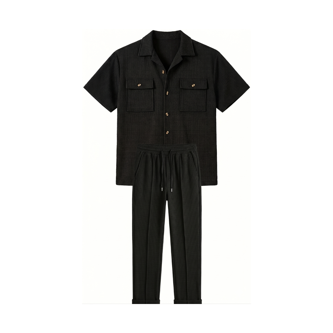 Ropa de hombre, color liso, estilo casual, algodón y lino, conjunto de dos piezas