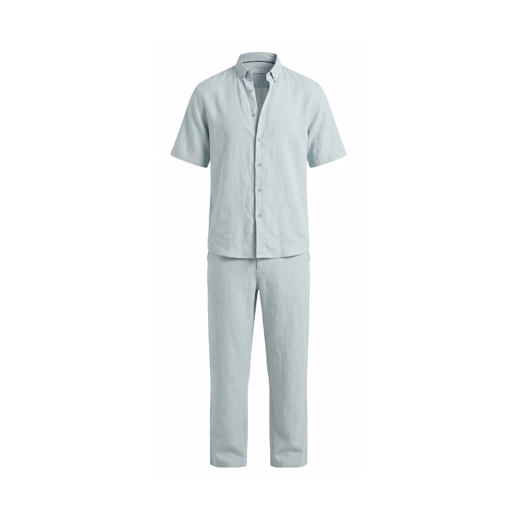 Camisa de manga corta para hombre con solapa de color liso y pantalón - Conjunto de 2 piezas👔