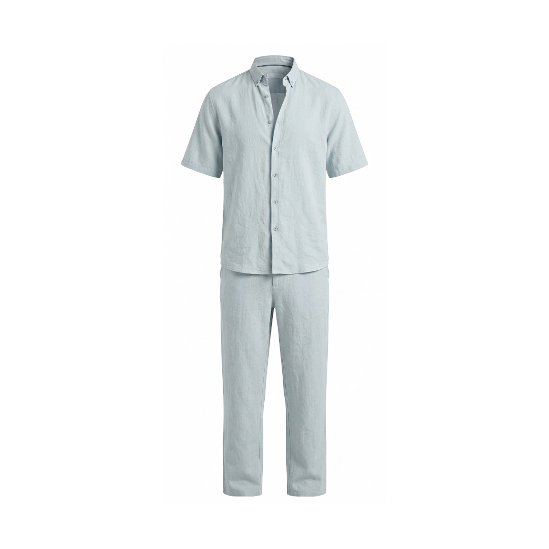 Camisa de manga corta para hombre con solapa de color liso y pantalón - Conjunto de 2 piezas👔