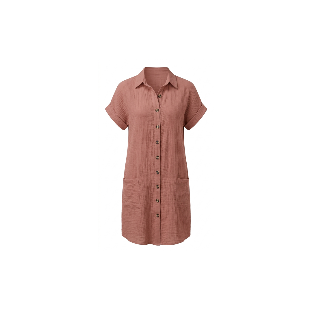 Camisa casual de mujer con mangas cortas, botones y bolsillo.