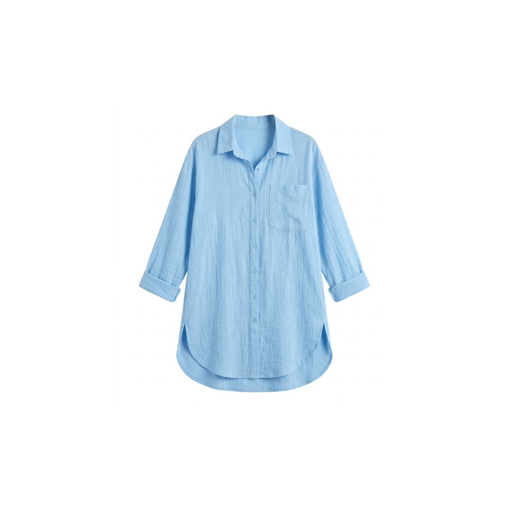 Camisa de mujer de corte holgado y largo con bototnes