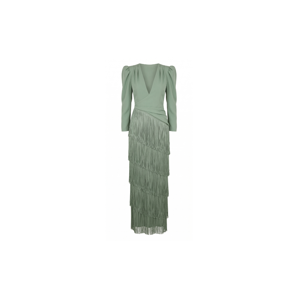 Elegante vestido midi con mangas con flecos