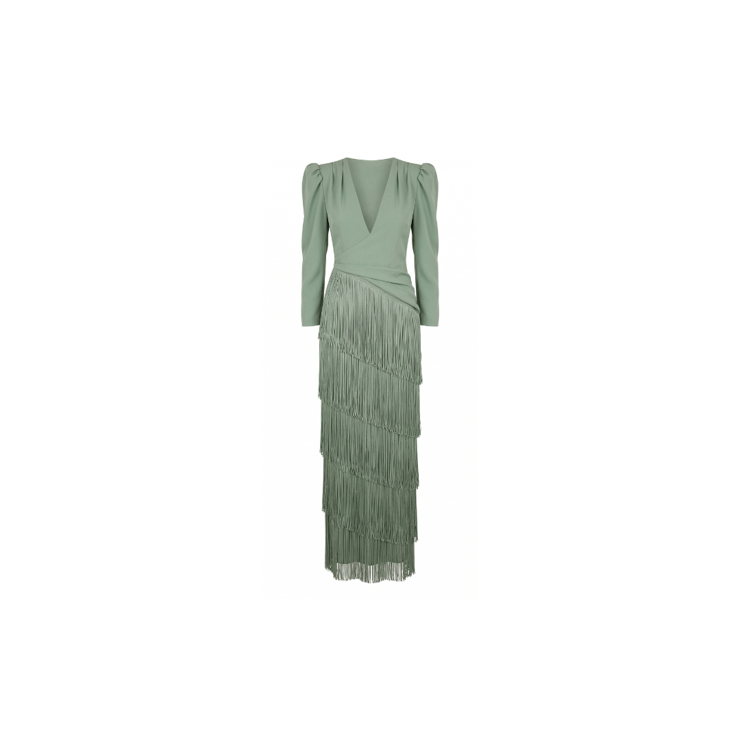 Elegante vestido midi con mangas con flecos