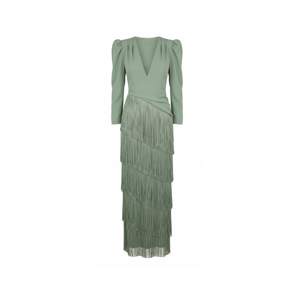 Elegante vestido midi con mangas con flecos
