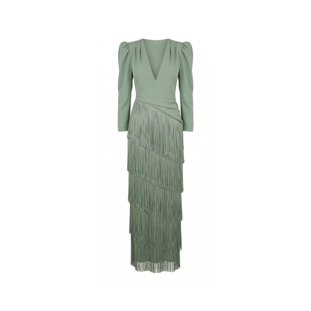 Elegante vestido midi con mangas con flecos