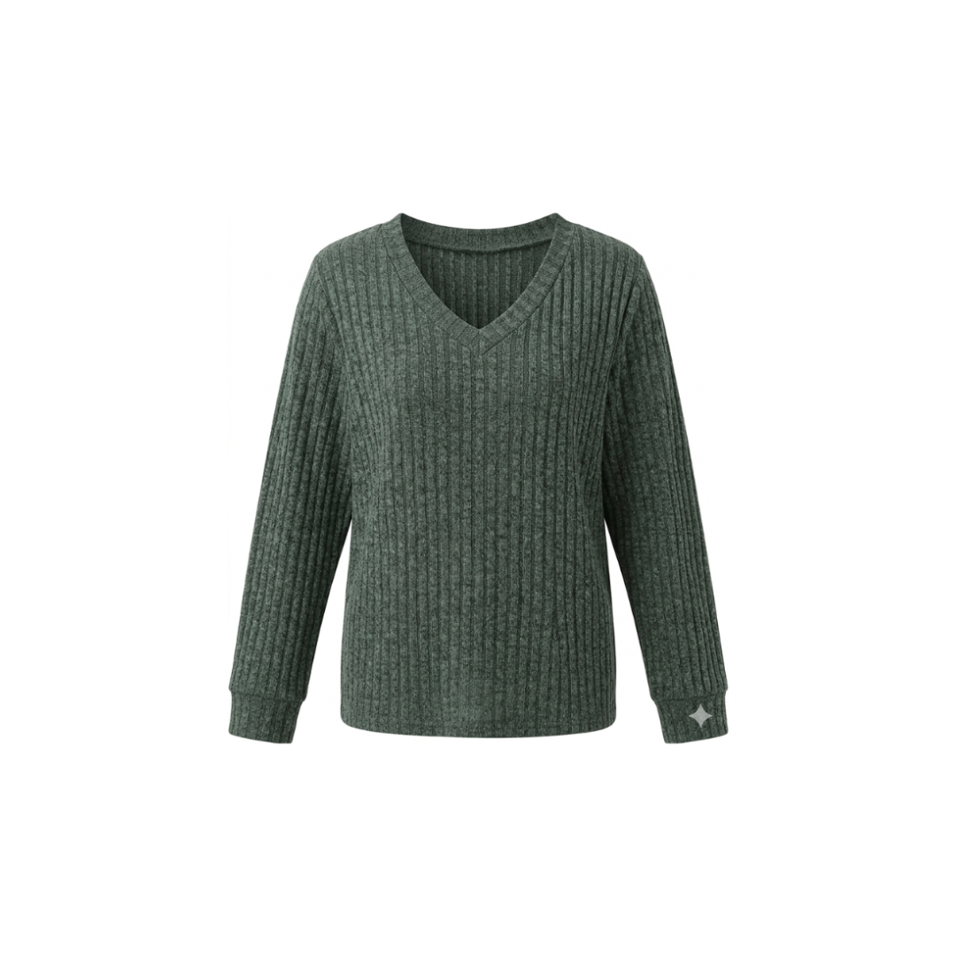 Jersey de mujer con cuello en V y manga larga en color liso