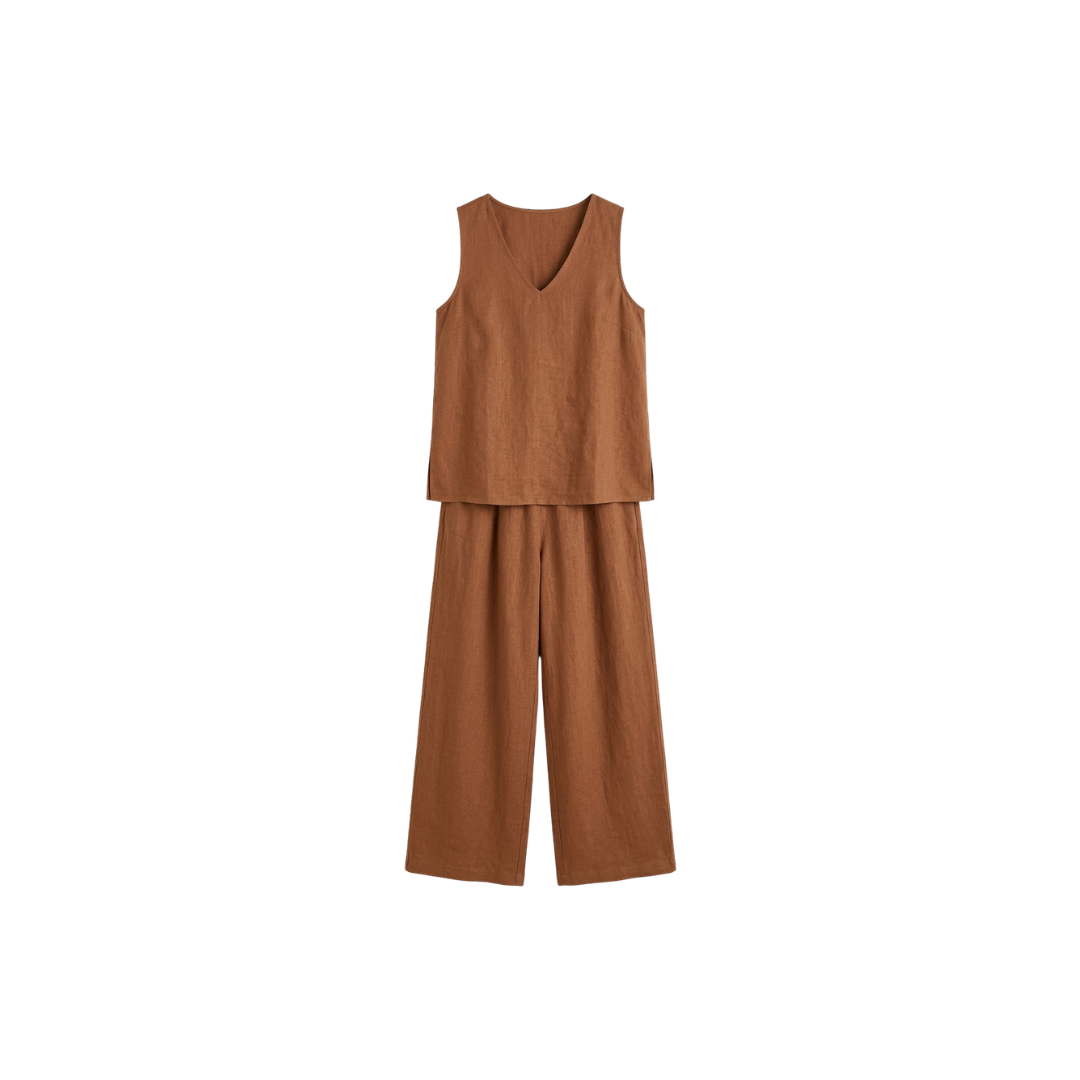 Conjunto de dos piezas de verano para mujer, de color liso y estilo relajado: top sin mangas con escote en V y pantalón de pierna ancha.