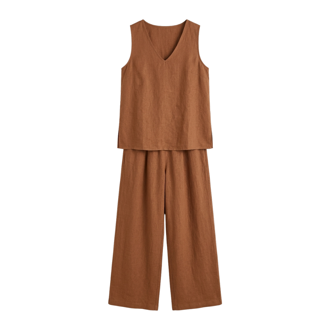 Conjunto de dos piezas de verano para mujer, de color liso y estilo relajado: top sin mangas con escote en V y pantalón de pierna ancha.