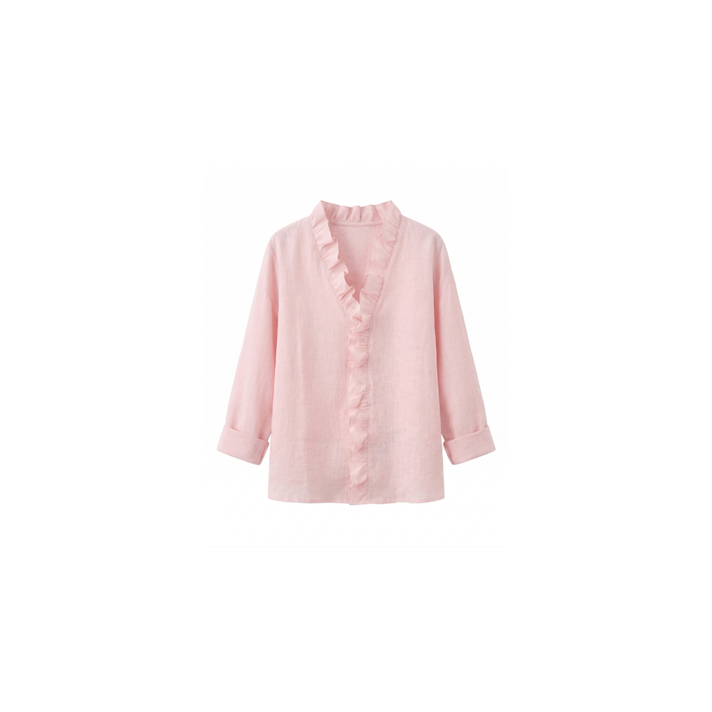 Blusa con volantes, escote en V y manga larga