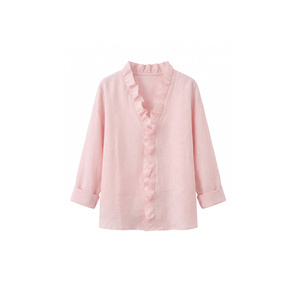 Blusa con volantes, escote en V y manga larga
