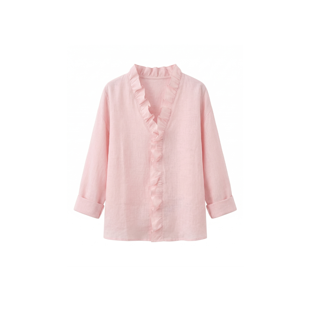Blusa con volantes, escote en V y manga larga
