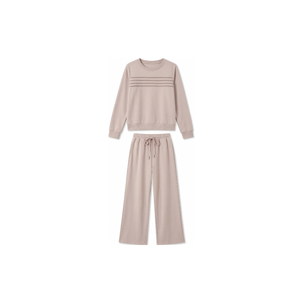 Conjunto de mujer con pantalón de cuello redondo y cintura con cordón ajustable.