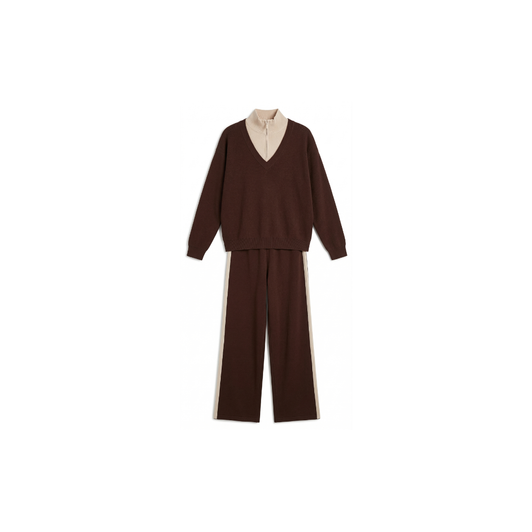 Conjunto de mujer compuesto por blusa de manga larga con solapa y pantalón.