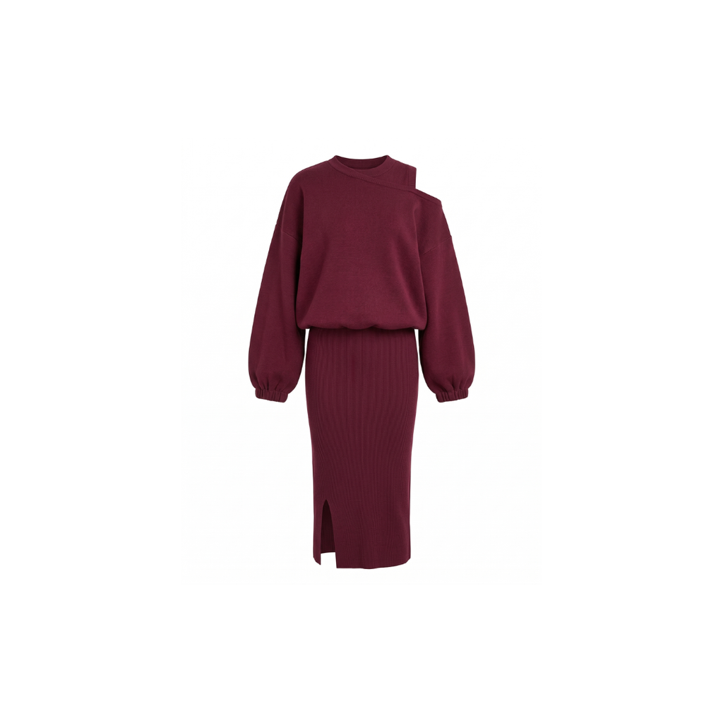 Conjunto de mujer con sudadera de hombros descubiertos y vestido sin mangas