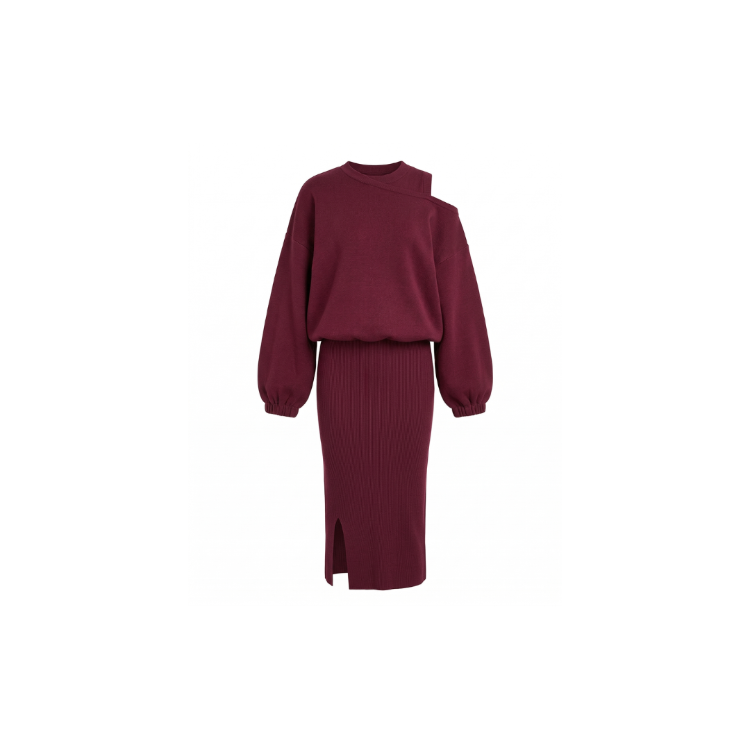 Conjunto de mujer con sudadera de hombros descubiertos y vestido sin mangas
