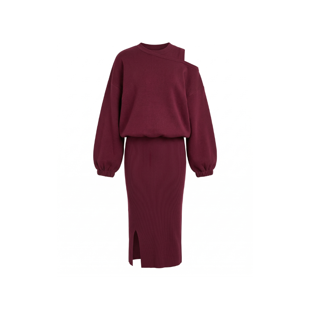 Conjunto de mujer con sudadera de hombros descubiertos y vestido sin mangas