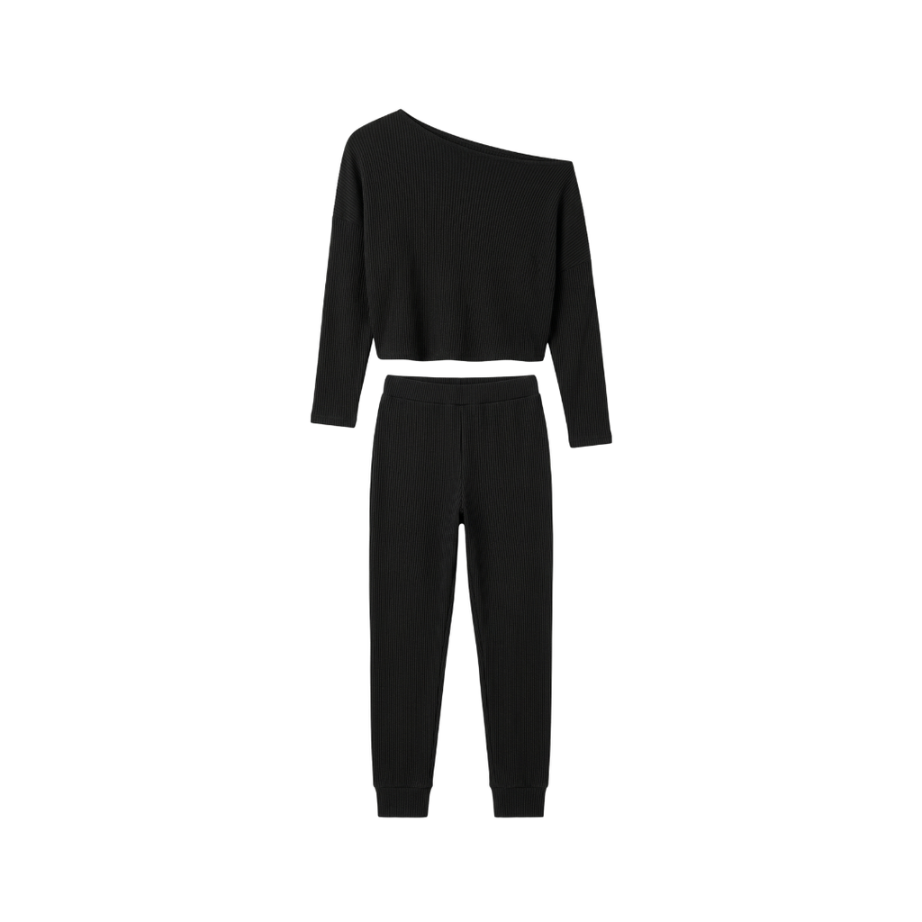 Conjunto de camiseta sin mangas de manga larga y pantalón con cintura elástica y cordón ajustable.