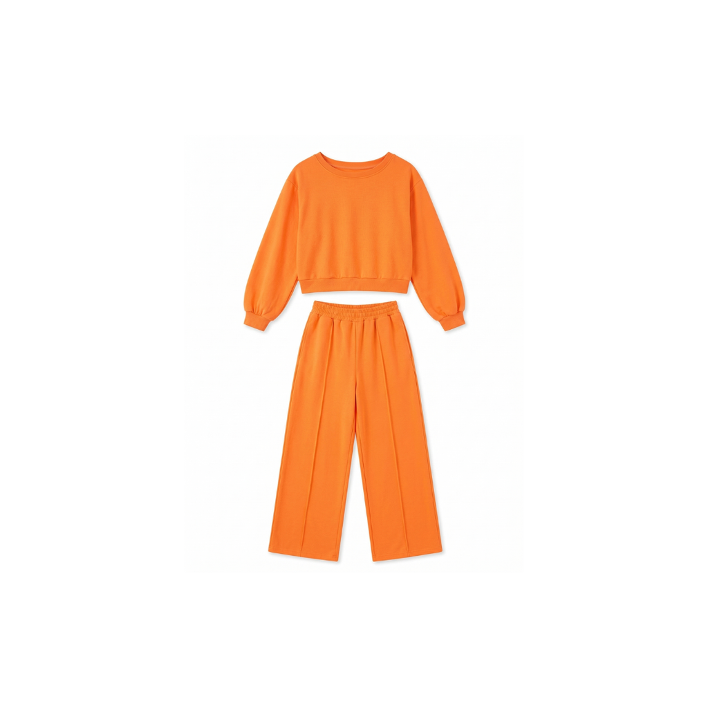 Conjunto de dos piezas moderno y minimalista de top de cuello redondo y pantalón de pierna ancha.