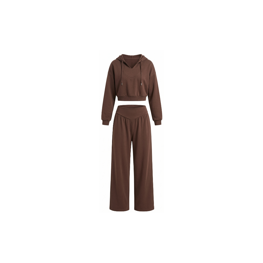Conjunto para mujer compuesto por una sudadera corta con capucha y pantalones de pierna ancha