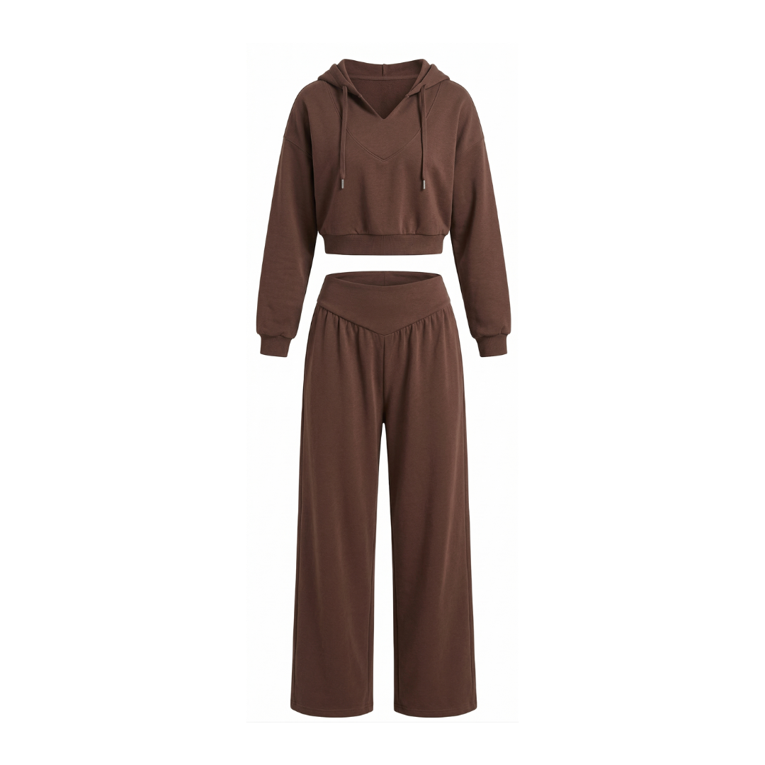 Conjunto para mujer compuesto por una sudadera corta con capucha y pantalones de pierna ancha