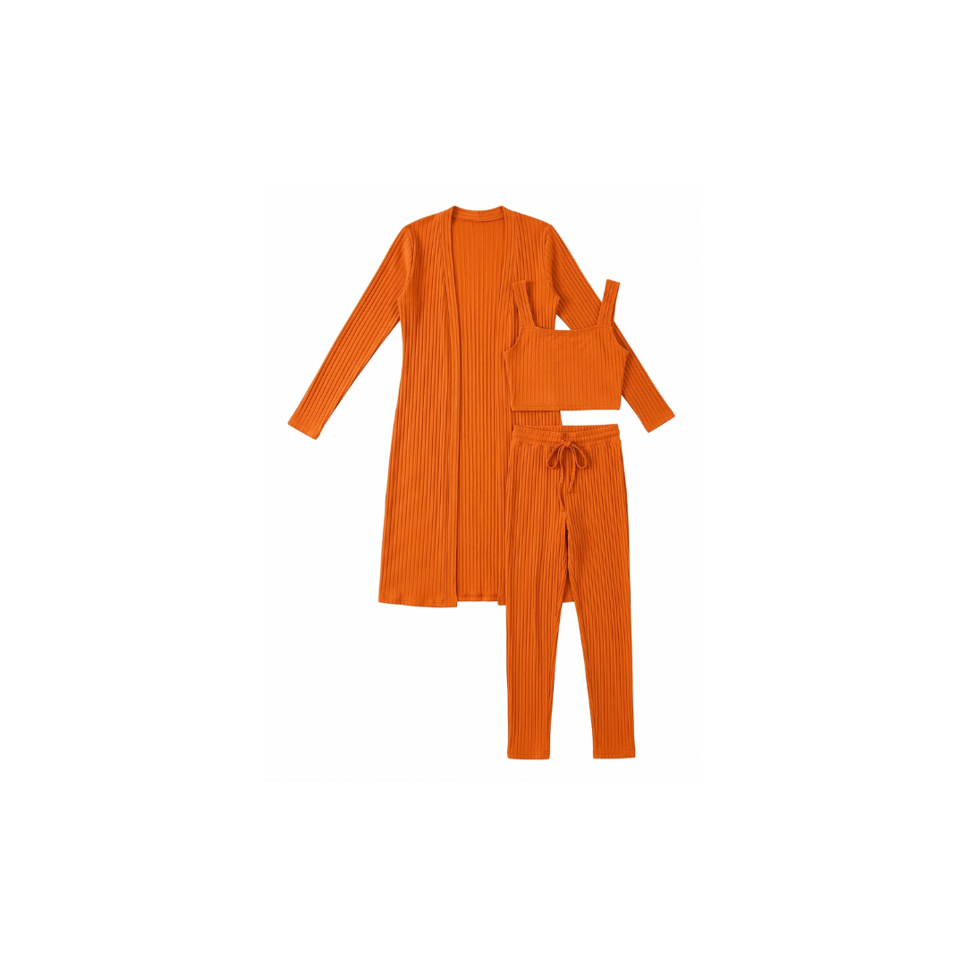 Conjunto casual de 3 piezas de punto: top corto, cárdigan y pantalón