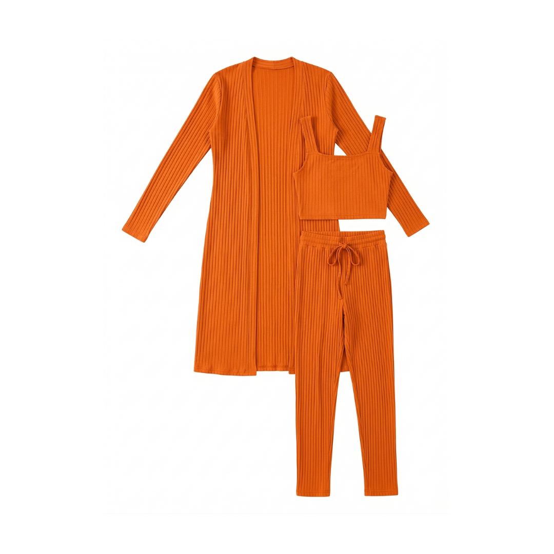 Conjunto casual de 3 piezas de punto: top corto, cárdigan y pantalón