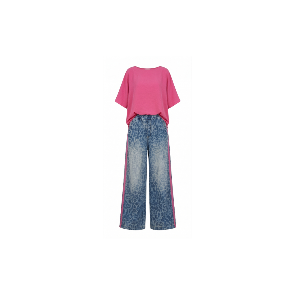 Conjunto de 2 piezas para mujer: top rosa brillante y pantalón con estampado de leopardo. Holgado, cómodo y transpirable. Ideal para el tiempo libre y salidas. Tallas: S-5XL.