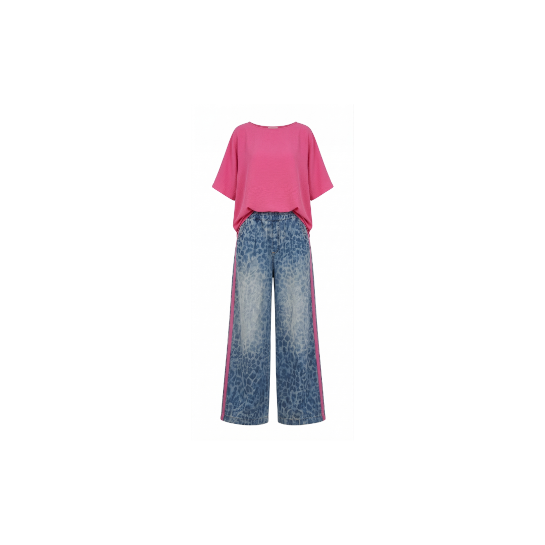 Conjunto de 2 piezas para mujer: top rosa brillante y pantalón con estampado de leopardo. Holgado, cómodo y transpirable. Ideal para el tiempo libre y salidas. Tallas: S-5XL.