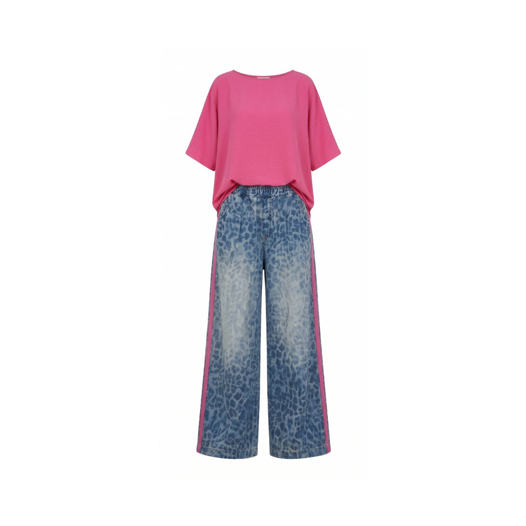 Conjunto de 2 piezas para mujer: top rosa brillante y pantalón con estampado de leopardo. Holgado, cómodo y transpirable. Ideal para el tiempo libre y salidas. Tallas: S-5XL.