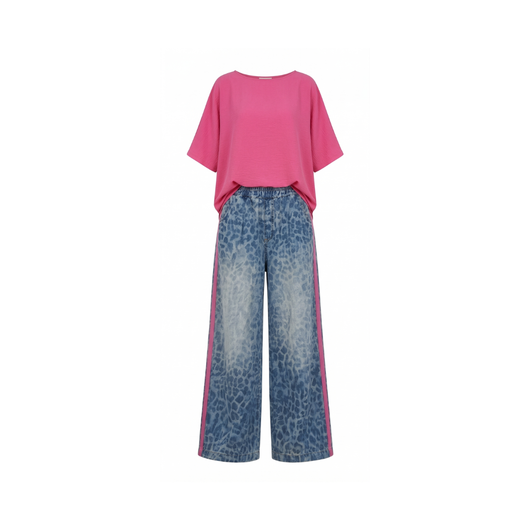 Conjunto de 2 piezas para mujer: top rosa brillante y pantalón con estampado de leopardo. Holgado, cómodo y transpirable. Ideal para el tiempo libre y salidas. Tallas: S-5XL.