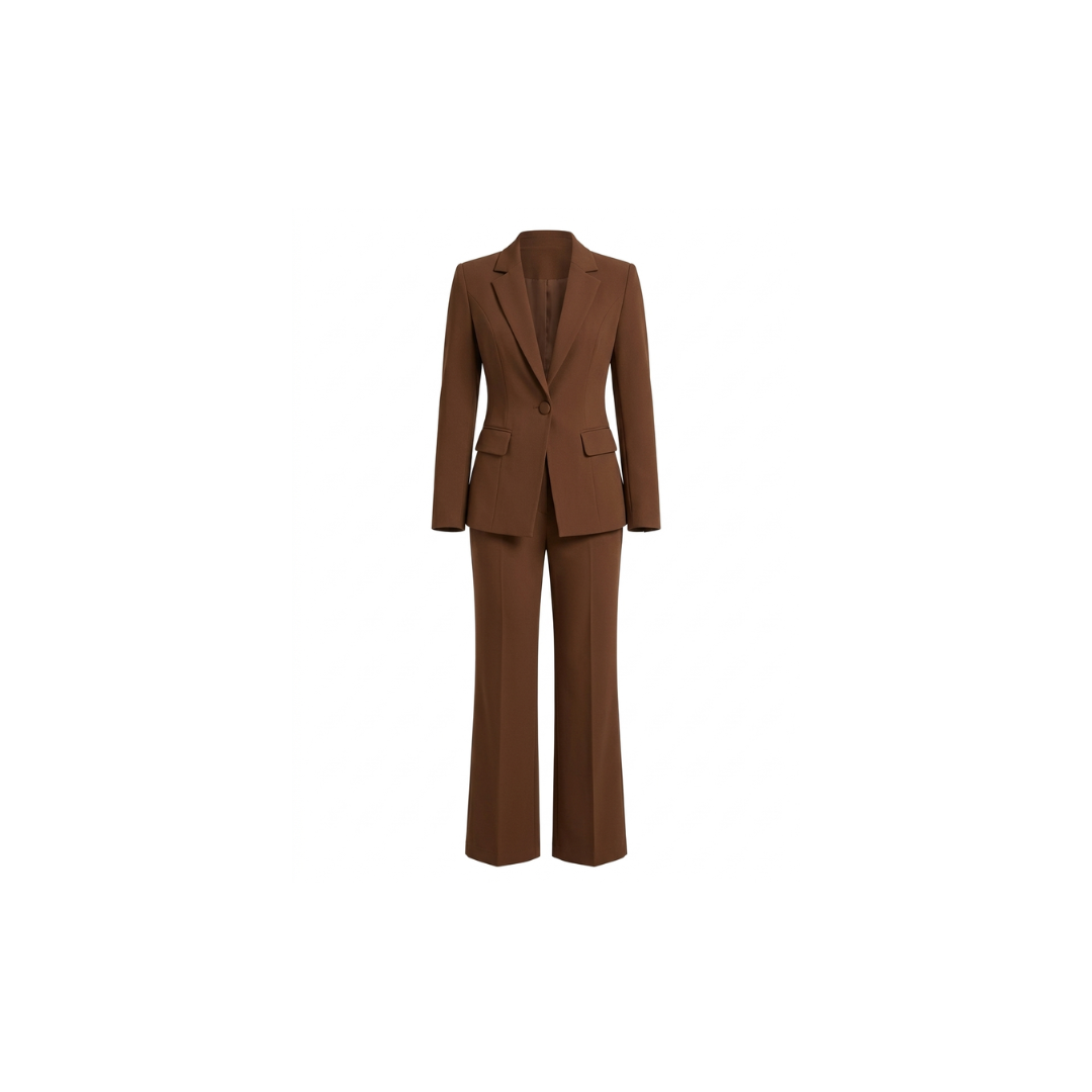 Elegante conjunto de blazer y pantalón de pierna ancha para mujer.
