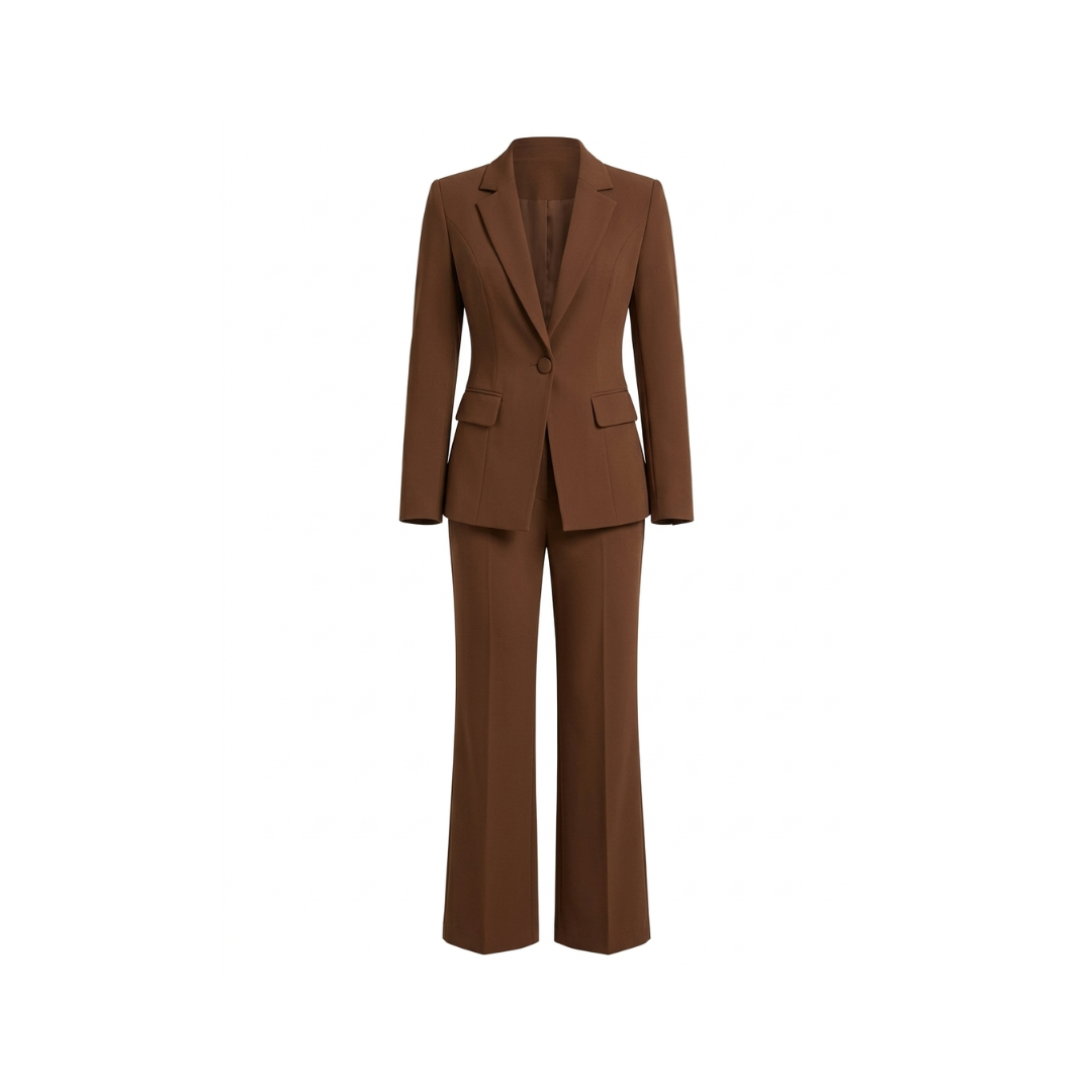 Elegante conjunto de blazer y pantalón de pierna ancha para mujer.